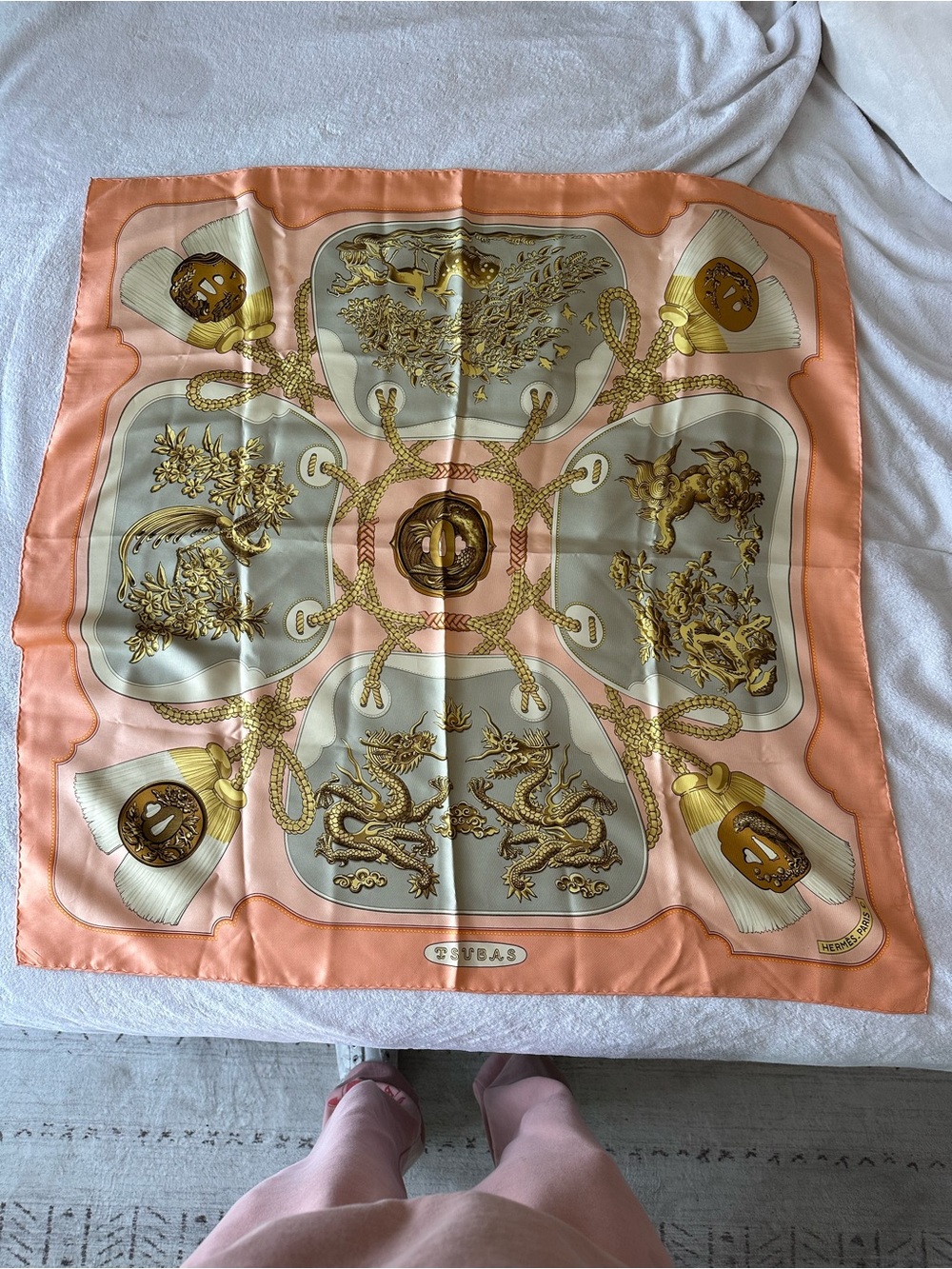 Hermes Peach and Gold Silk Scarf with Ornate Dragon Panels